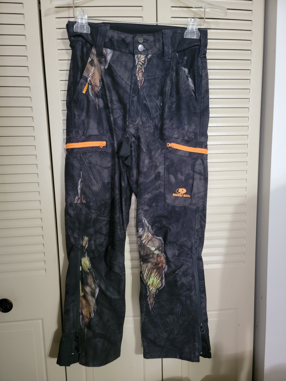 Mossy Oak Black Camo Cargo Pants with Orange Zippers